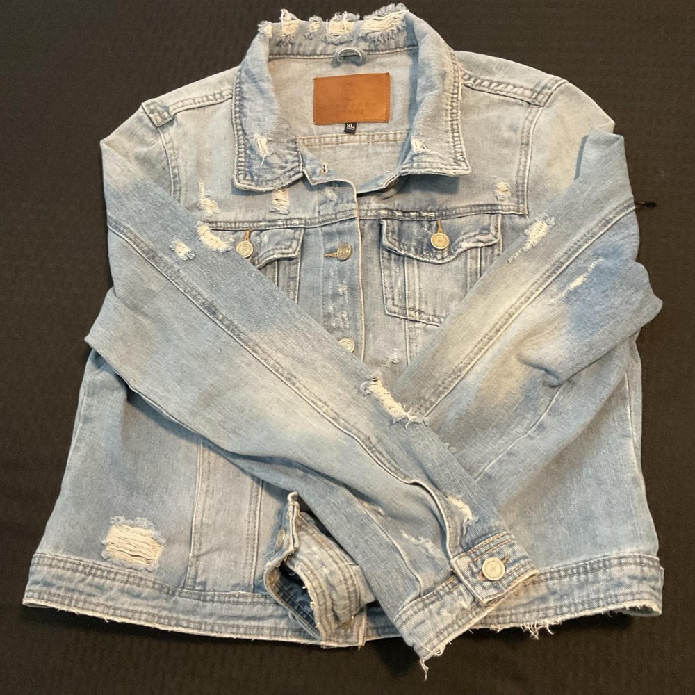 Boom Boom Jeans Jacket Womens XL Blue Light Wash Distressed Denim Button Pockets